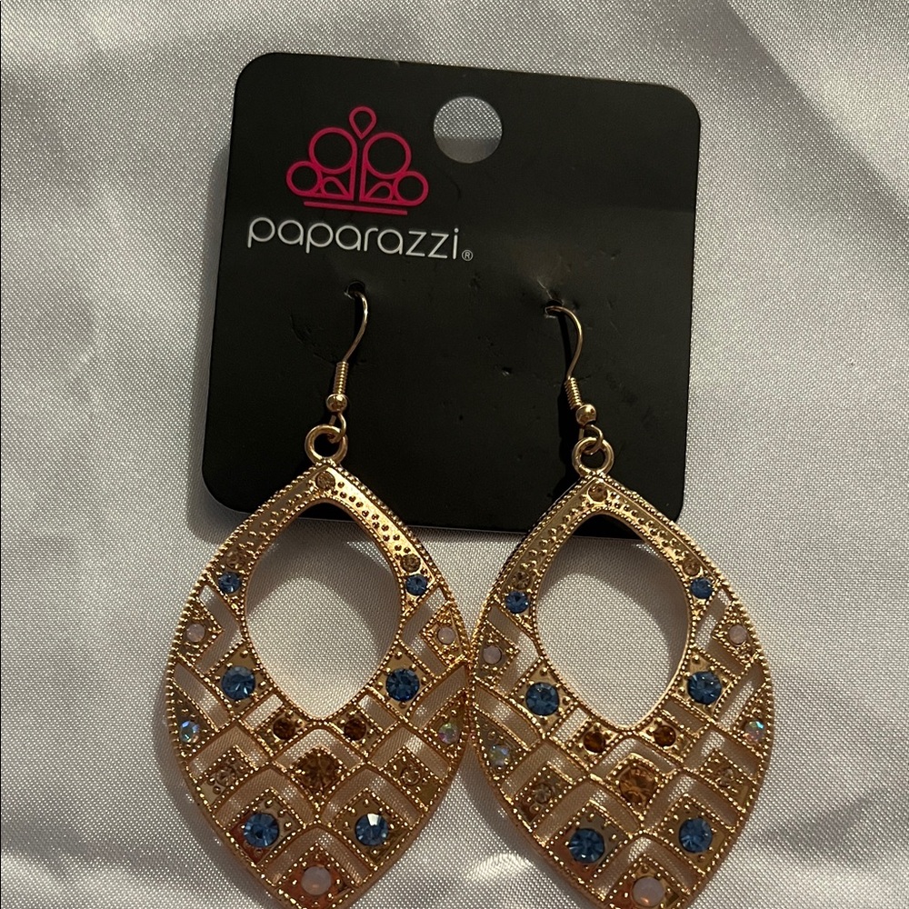 Paparazzi Gold Earrings with Blue and Brown Accents